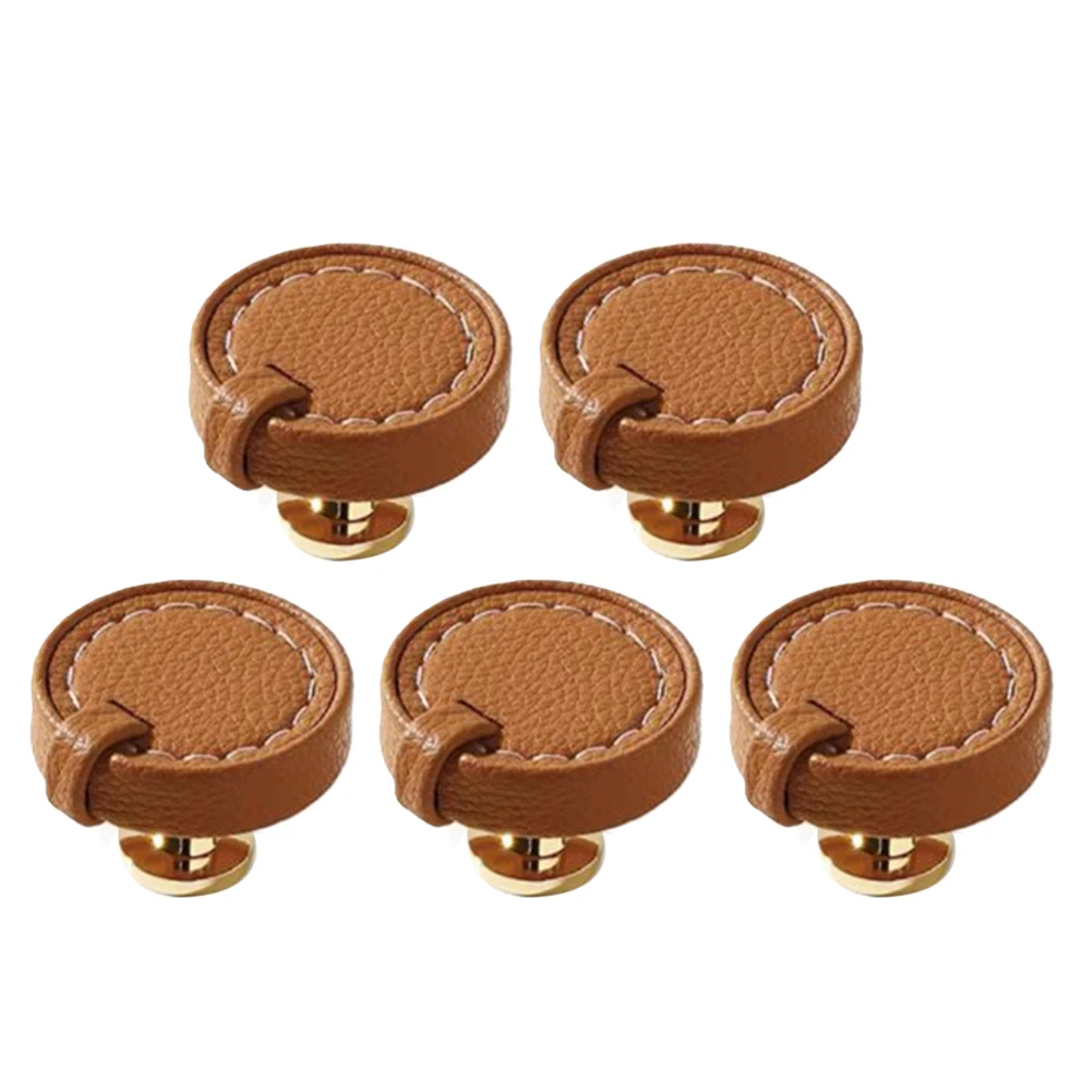 5 Pack Brown Leather Drawer Pulls Round Leather Handles Cabinet Knobs Shoe Cabinet Handles Furniture Accessories