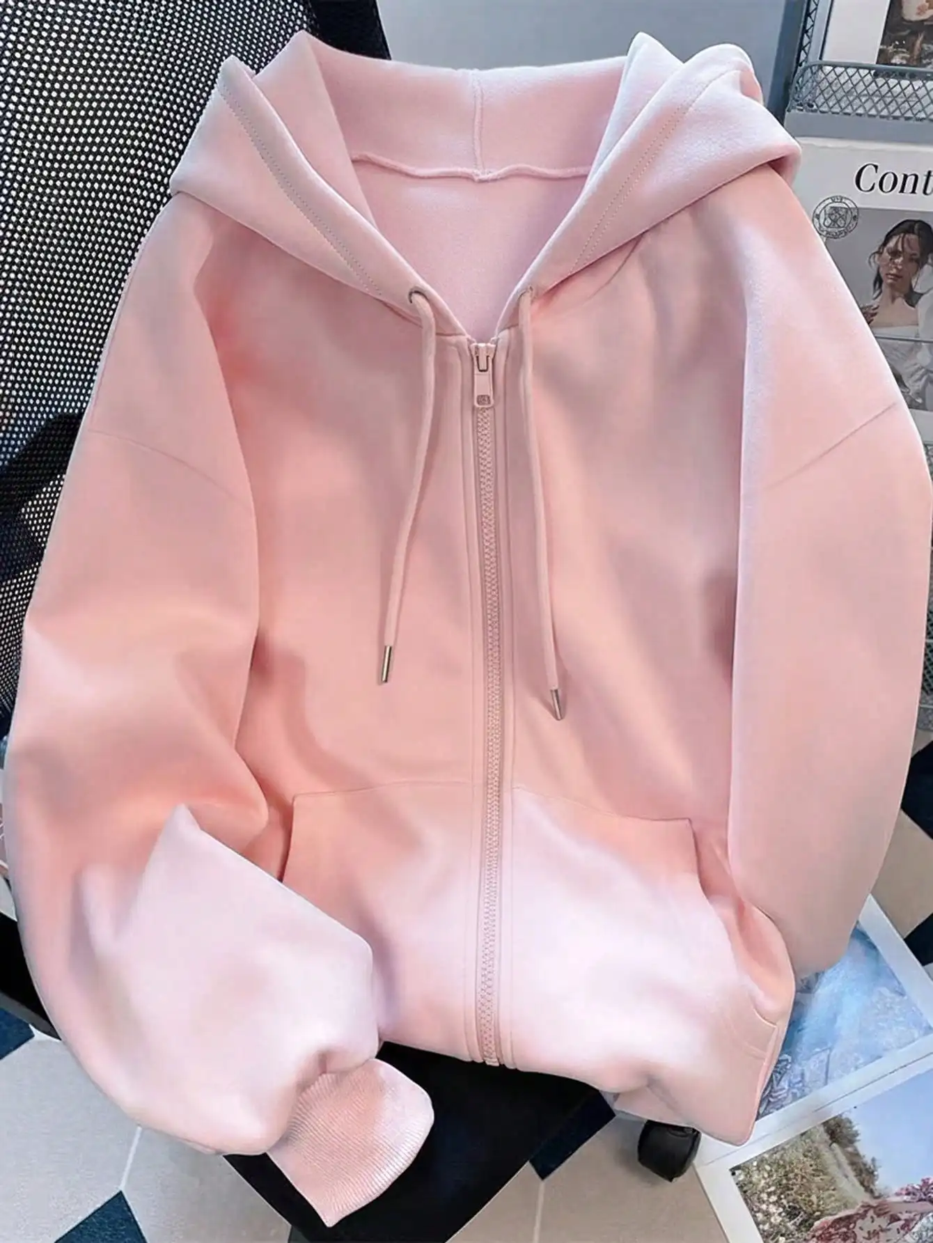 

Женская толстовка на молнии больших размеров, однотонная розовая, с карманом-кенгуру