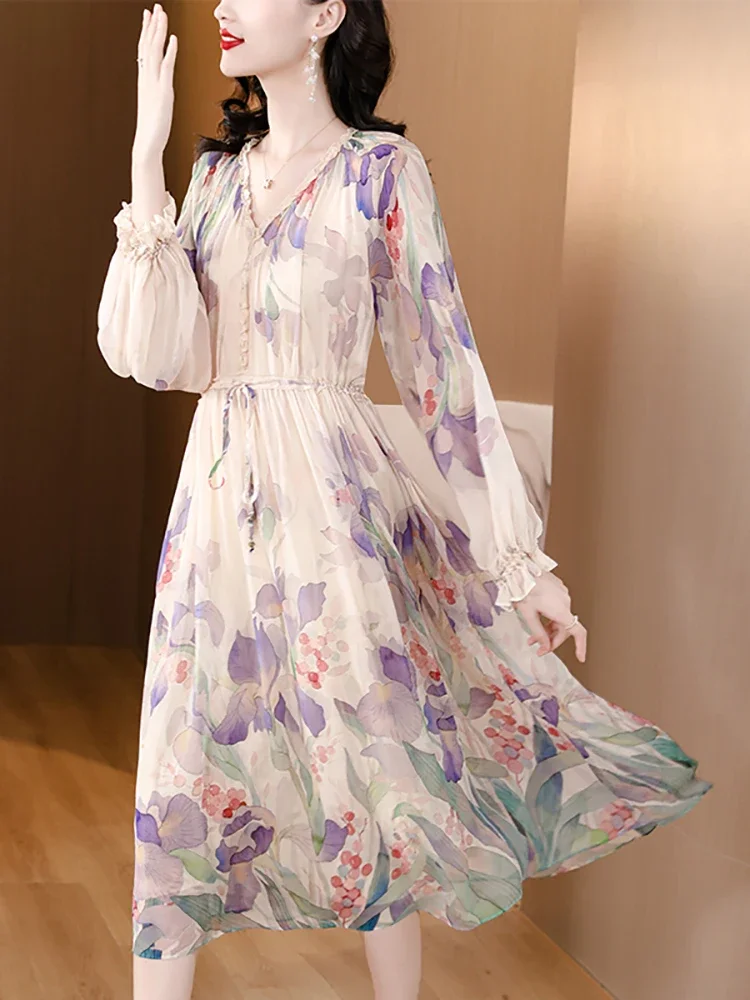 Vestido boho de babados manga comprida, seda floral, besch elegante, vestido de férias, vintage coreano, baile de baile, primavera, verão, 2023, 2023