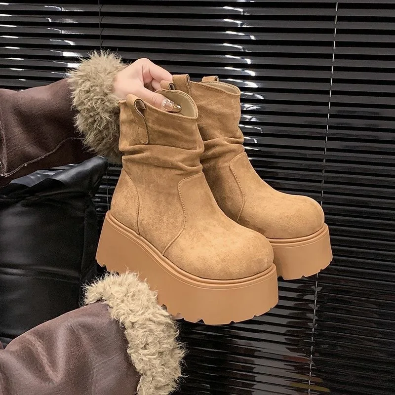 Chunky Plateau-Stiefeletten für Damen mit dicker Sohle, runder Zehenpartie und zum Hineinschlüpfen – Herbst/Winter Kurzstiefel für Frauen