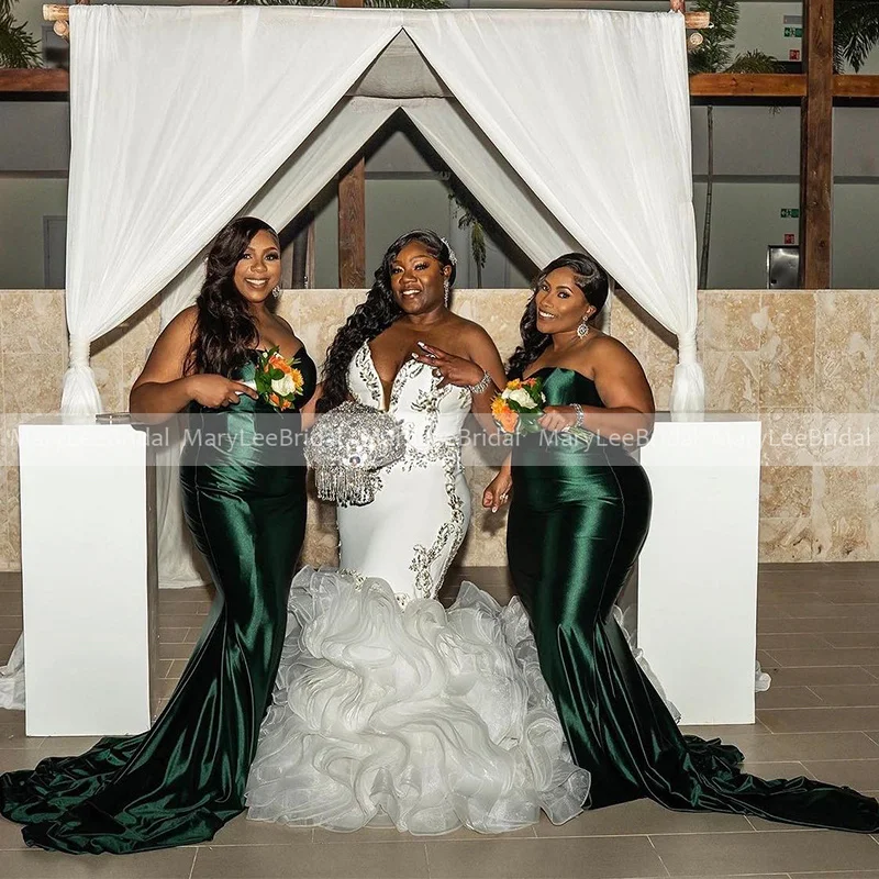 Sexy Dark Green Bridesmaid Dresses for Women 2024 Sweetheart Neckline Plain Shiny Satin Plus Size Mermaid Long Reception Gowns