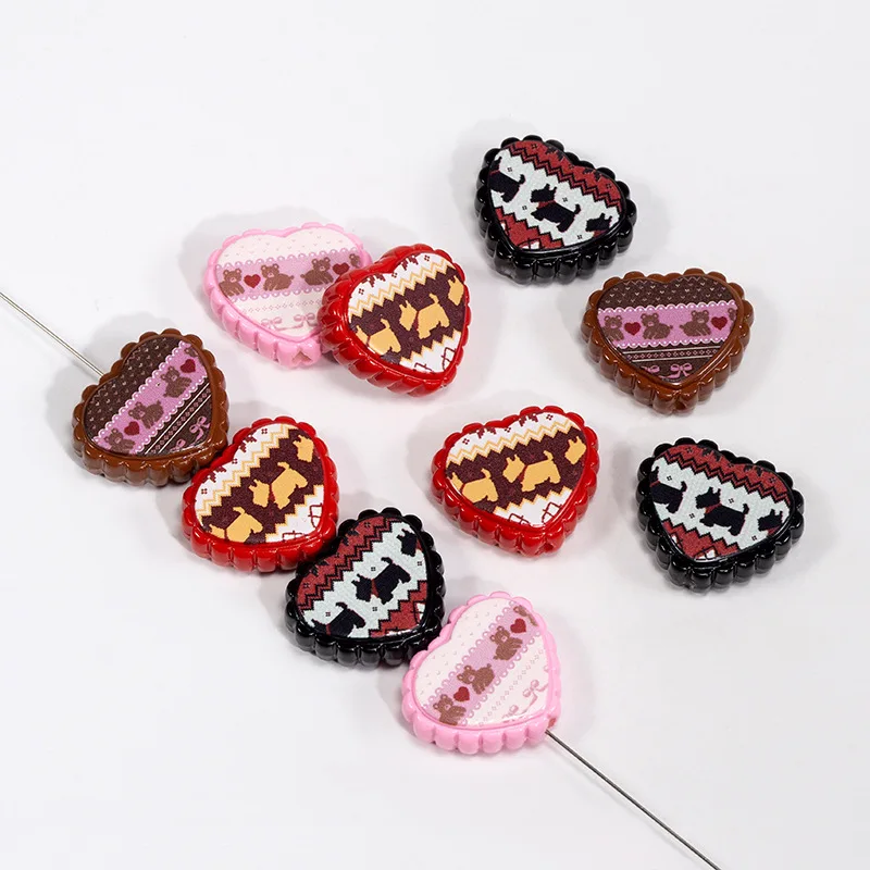 10pcs Heart-shaped Printed Acrylic Decorative Beads DIY Handcrafted Keychains Bracelets Beads Mobile Phone Chains Bags Pendants