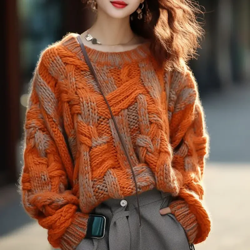 Fashionable Women's Plus Size Orange Pullover Sweater with Classic Style and Thick Knitting,Autumn/Winter Outer Wear Tops S-4XL