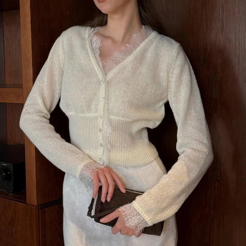 Cárdigan de punto con encaje y cuello en V para mujer, suéter fino transparente de un solo botón, top ajustado, estilo High Street, camiseta tipo cárdigan para mujer 2026