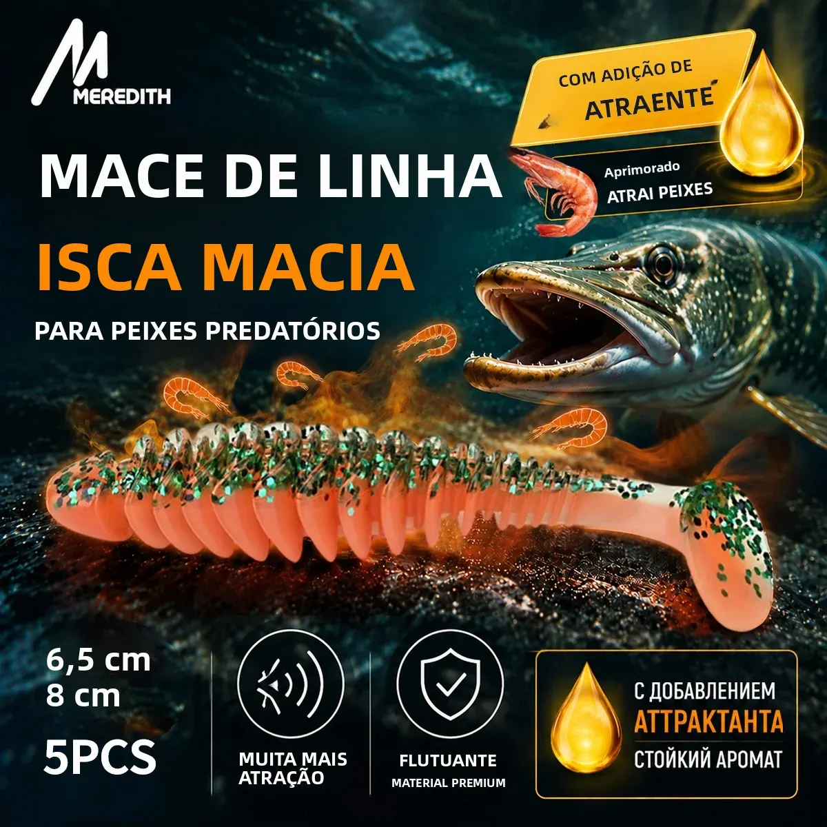 Isca Artificial Flexível MEREDITH com Óleo de Camarão 65mm 80mm Várias Cores Kit de Iscas de Pesca para Predadores, para Robalo e Lúcio