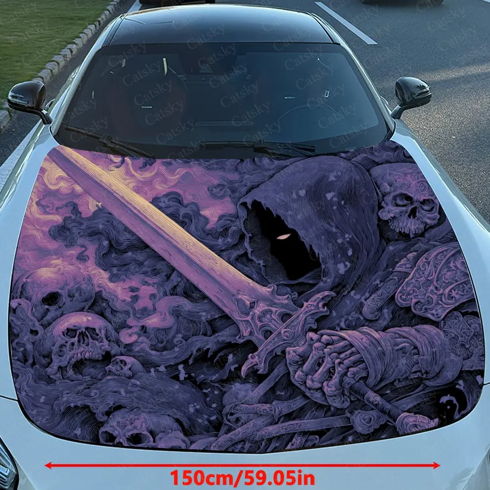 Grim Reaper Holding A Sword Car Hood Sticker, Automotive Exterior Customization, Durable PVC Vinyl Wrap For Car Engine Cover