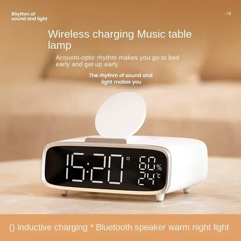 Smart Display 3 In 1 Digital Alarm Clock Wireless Charger With Night Light Temperature And Humidity Phone Holder Bedside Light