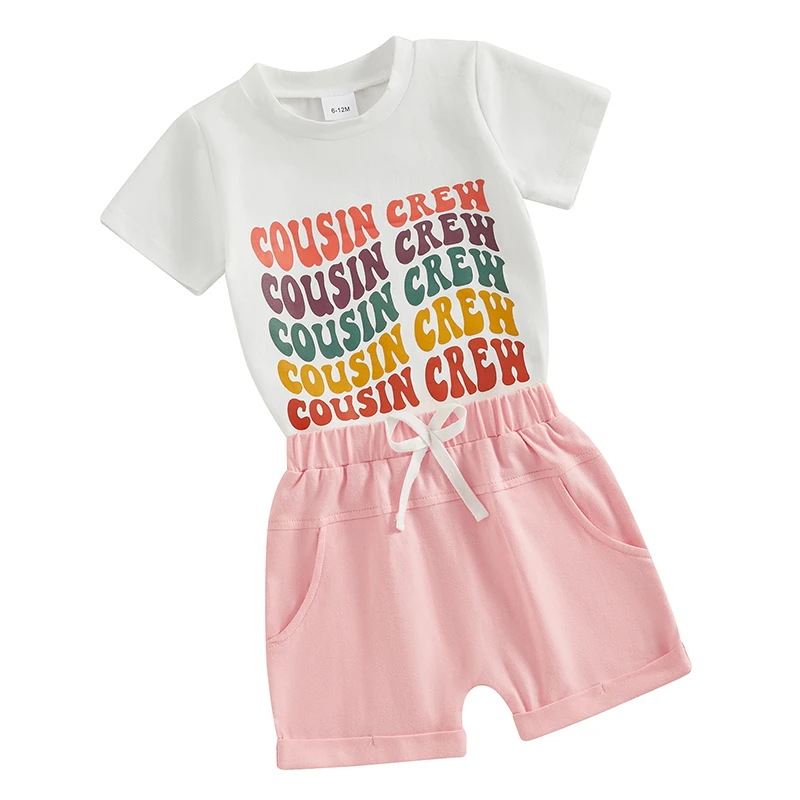 

Baby Boy Girls Cousins Short Set Short Sleeve Letter Romper Shirt Jogger Shorts Announcement Outfit Newborn Gift