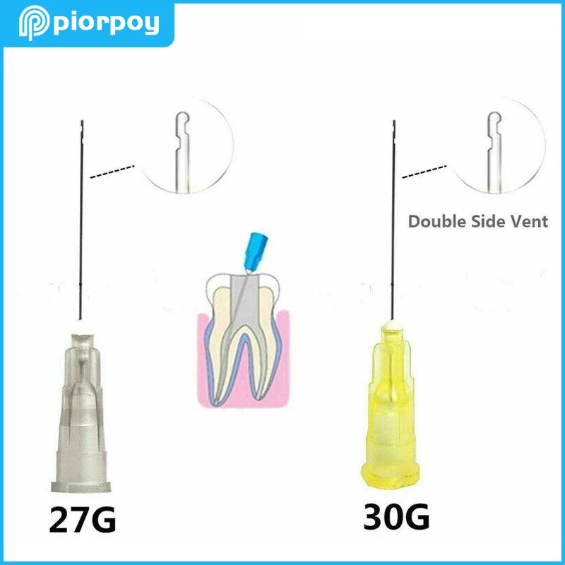 PIORPOY 100 sztuk jednorazowe końcówki strzykawek dentystycznych 25 g/27 g/30 g dwustronne otwory Vent Endo igły do nawadniania narzędzia