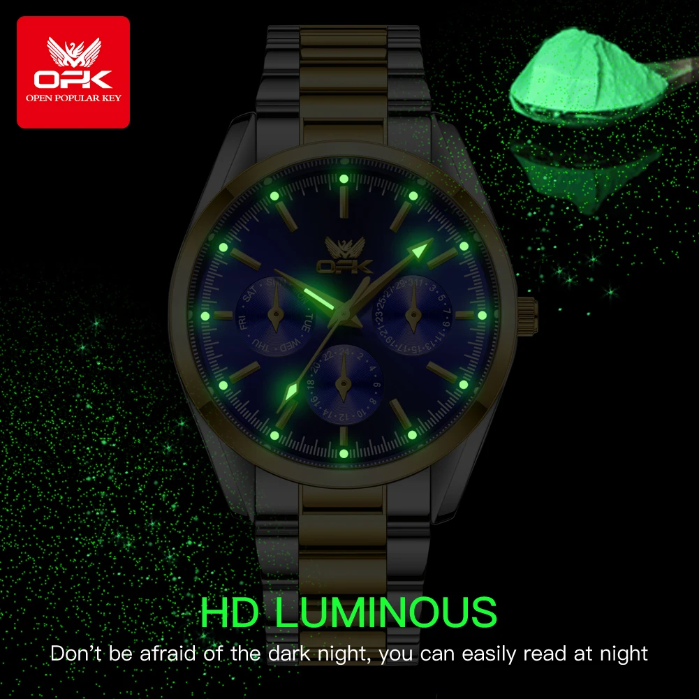 OPK 6024 Mens Watch Original New Fashion Brand Quartz Watch Stainless steel Waterproof Luminous Three Small Dial Watches For Men