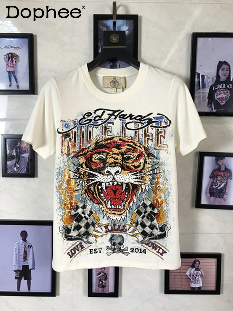 

Men's Women's Same Style 2024 Summer New T-Shirts Round Neck Short Sleeves T-shirt Trendy Printed Rhinestones Tiger Head T-shirt