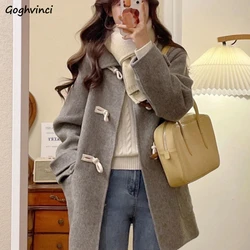 Winter Blends Women Wool Coat Sweet  Aesthetic British Style Horn Button Elegant All-match Office Lady Fashion Classic New