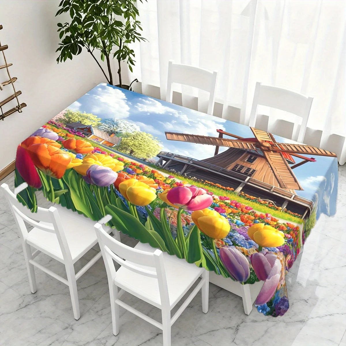 Windmill Tablecloth, Dutch Windmill Colorful Tulip Field Print Cover, Washable Table Cloth for Party,Pastoral Country Home Table