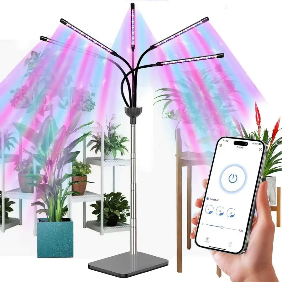 

Light for Indoor Plants 1265 Inches Height Adjustable Plant Growing Lamps 5 Heads Red Blue Full Spectrum LED Auto On Off Timer F
