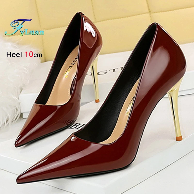 

2025 темпераментные женские туфли-лодочки, пикантные свадебные туфли из лакированной кожи на очень высоком металлическом каблуке 10 см, женские классические туфли на шпильке для выпускного вечера
