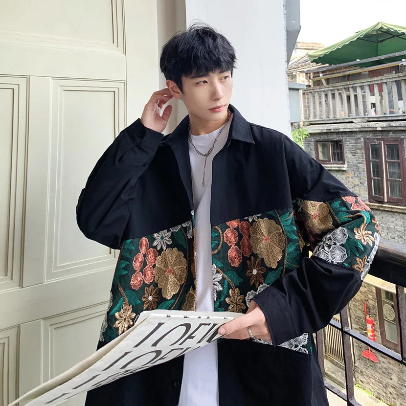 

Мужская свободная рубашка с длинным рукавом, вышитая, повседневная верхняя одежда, весна-осень, новинка, модный бренд в национальном стиле, молодежная, популярная