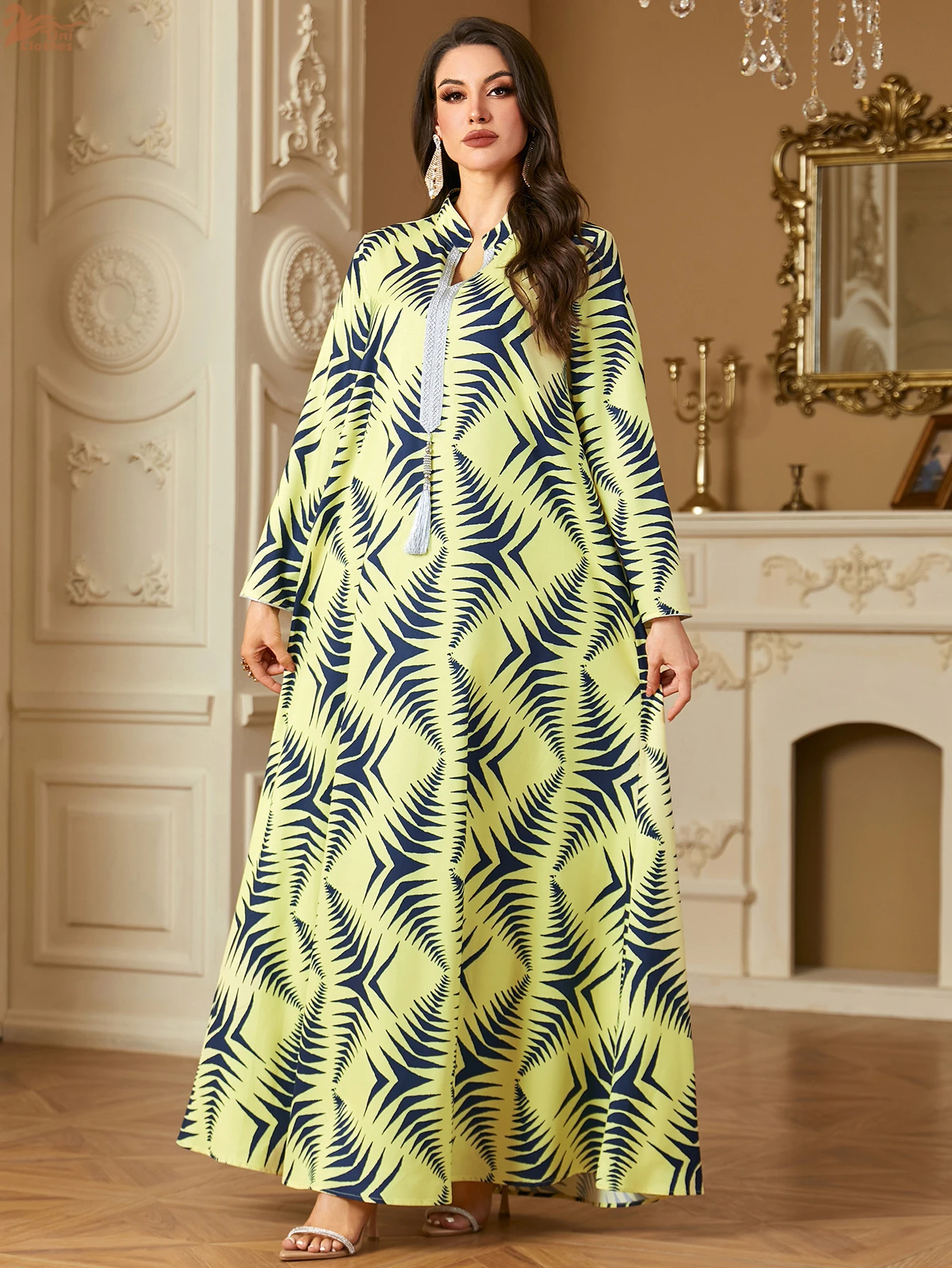 Uni ใหม่มุสลิมพิมพ์ลายดอกไม้ Maxi Abaya พู่แขนยาวชุด Caftan Marocain Femme 2025