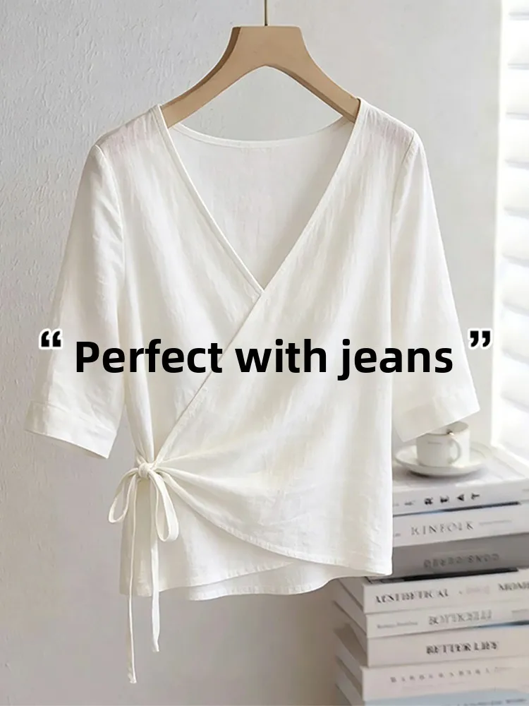 

White V-Neck Seven-Quarter Sleeve Shirt Women's Summer Outfit New Style Waist-Cinching Tie-Detail Fashionable Top