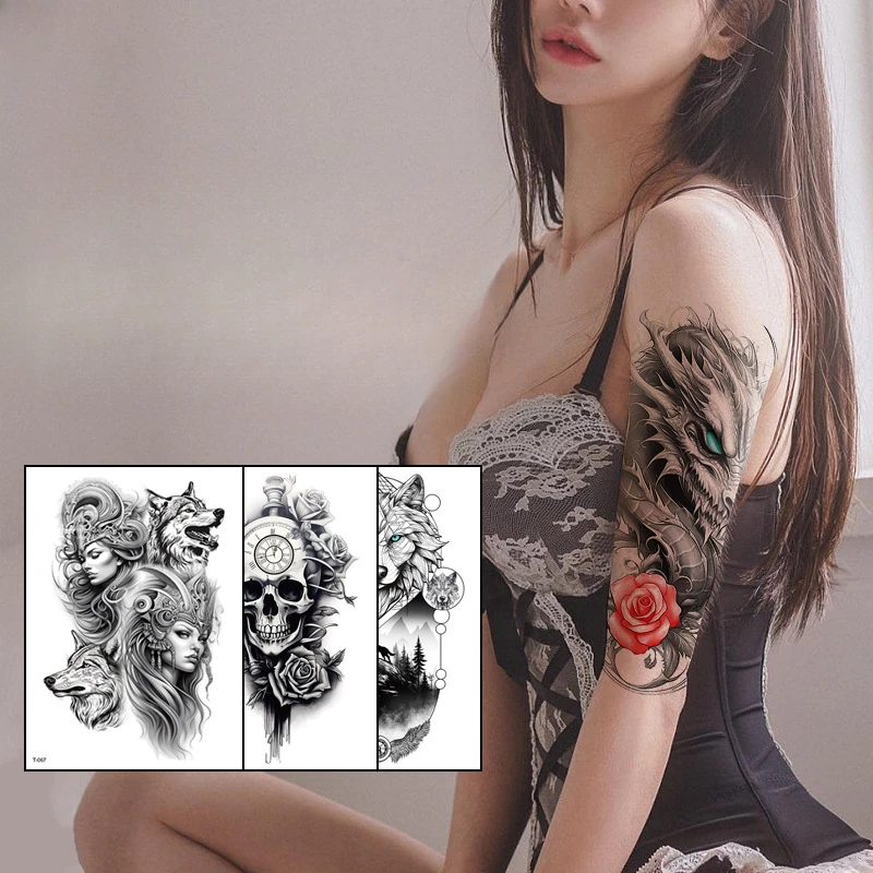 Wolf Black Tattoo Sticker for Men Women Tiger Lion Wolf Death Skull Temporary Fake Henna Skeleton Animal Tatoo Template