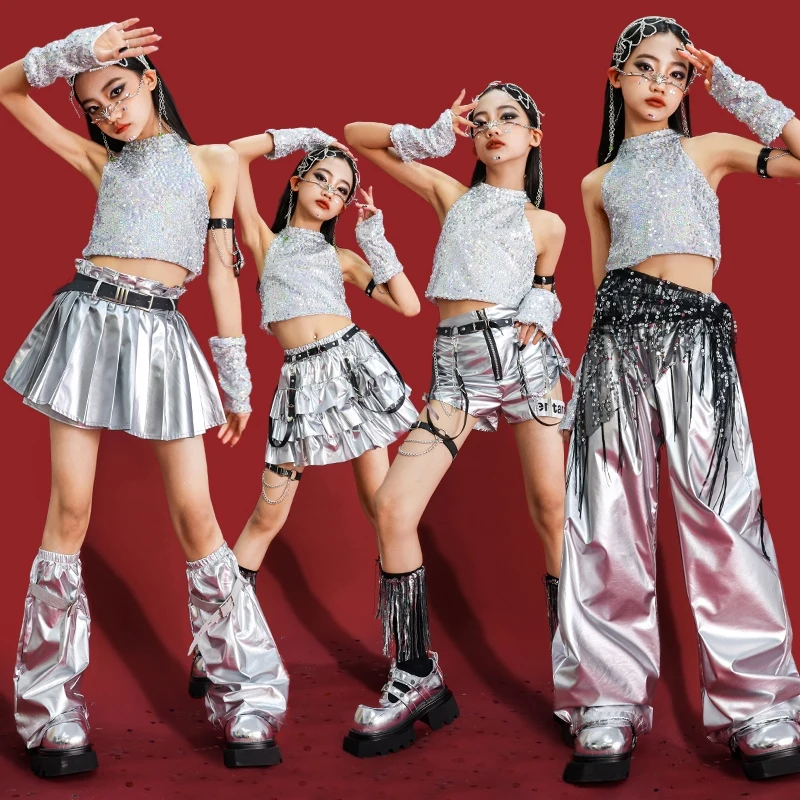Новая одежда для джазовых танцев для девочек, сценический наряд Kpop, серебряный укороченный топ с блестками, плиссированная юбка, модель костюма для выступлений, уличная одежда 2276