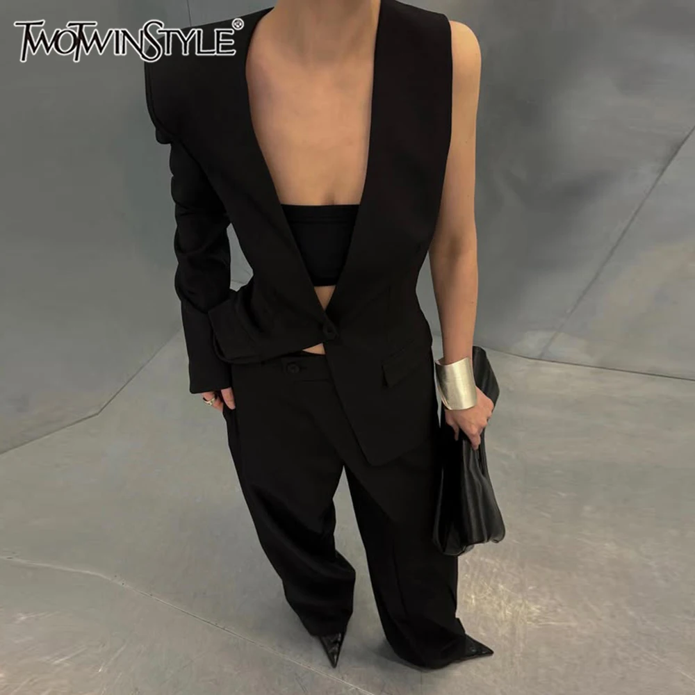 

TWOTWINSTYLE однотонный комплект из двух предметов для женщин с v-образным вырезом и длинными рукавами, утягивающий жилет с высокой талией, лоскутные комплекты с карманами, женские новые брюки