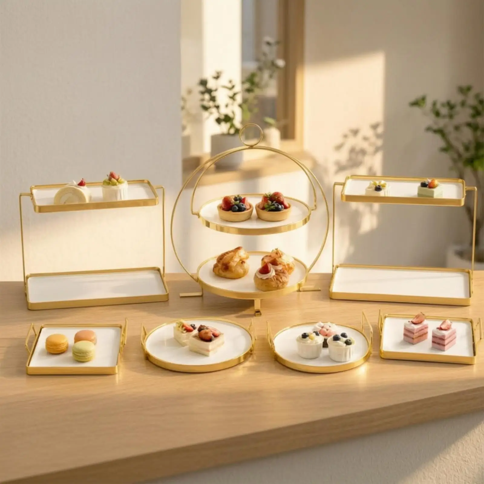 Ceramic Cake Stand with Gold Trim Metal Display for Dessert Table Centerpiece Tiered Pastry Serving Set