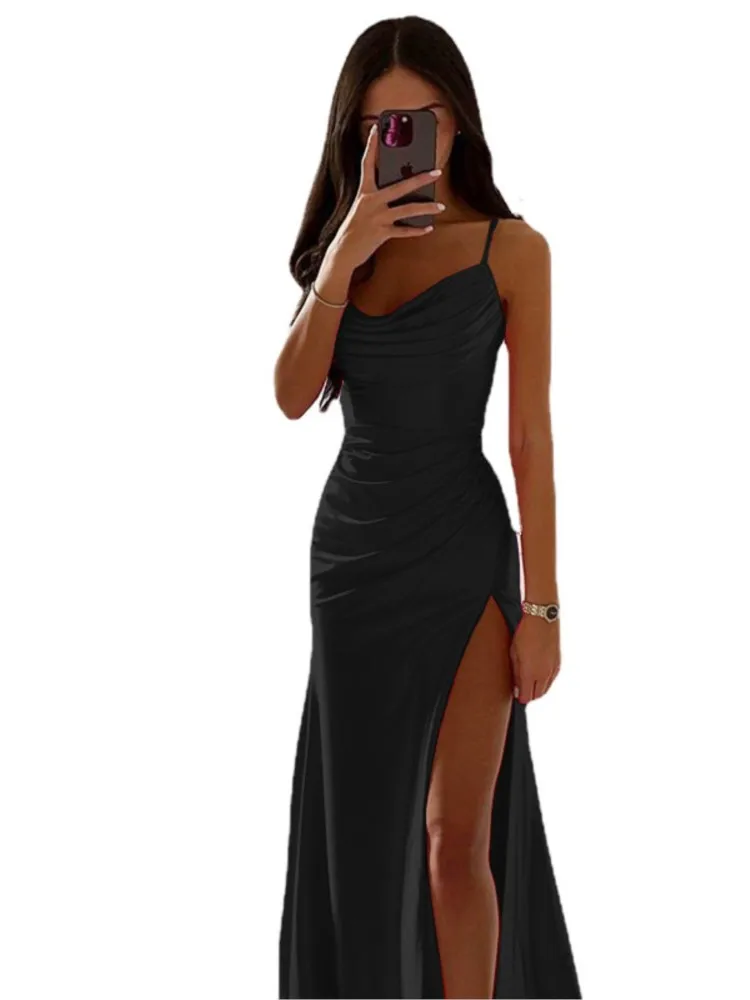

Women's New Bra Shrink Pleated Split Satin Long Dresses 2025 Summer Fashion Sexy Paghetti Strap Slim Fit Wrap Package Hip Dress