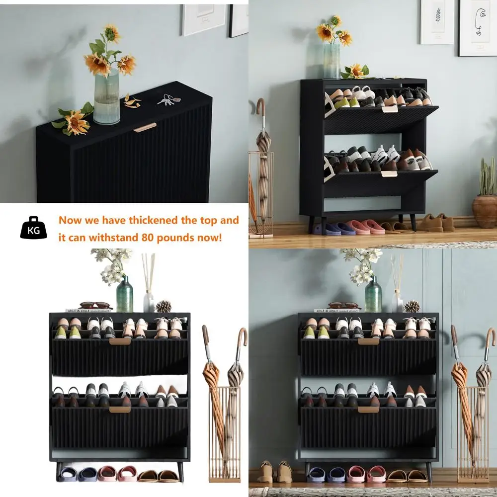 

Modern Black Freestanding Shoe Cabinet with Flip Drawers for Entryway Storage
