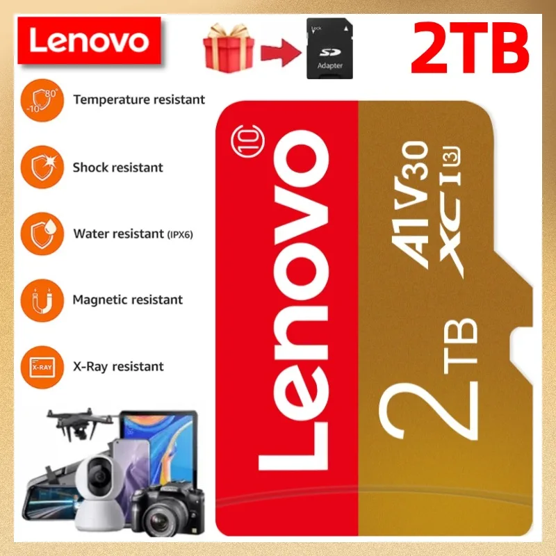 Lenovo-Carte mémoire SD 100% authentique 1 To 2 To 256 Go 128 Go 512 Go A1 Micro TF carte SD UHS-1 classe 10 carte Flash pour Smartphone/PC