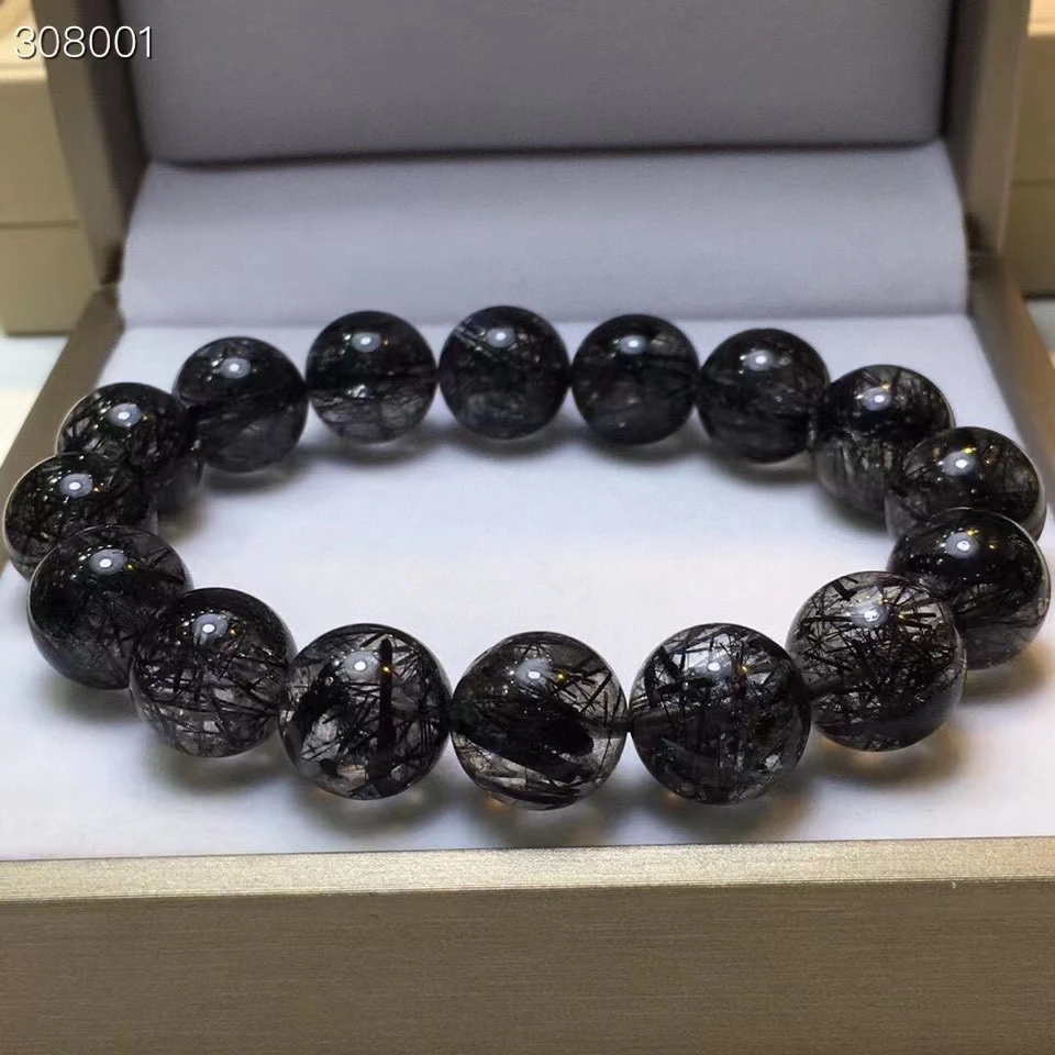 

13mm Natural Black Rutilated Quartz Beads Bracelet Brazil Women Men Clear Round Beads Rare Wealthy Bangle AAAAAAA