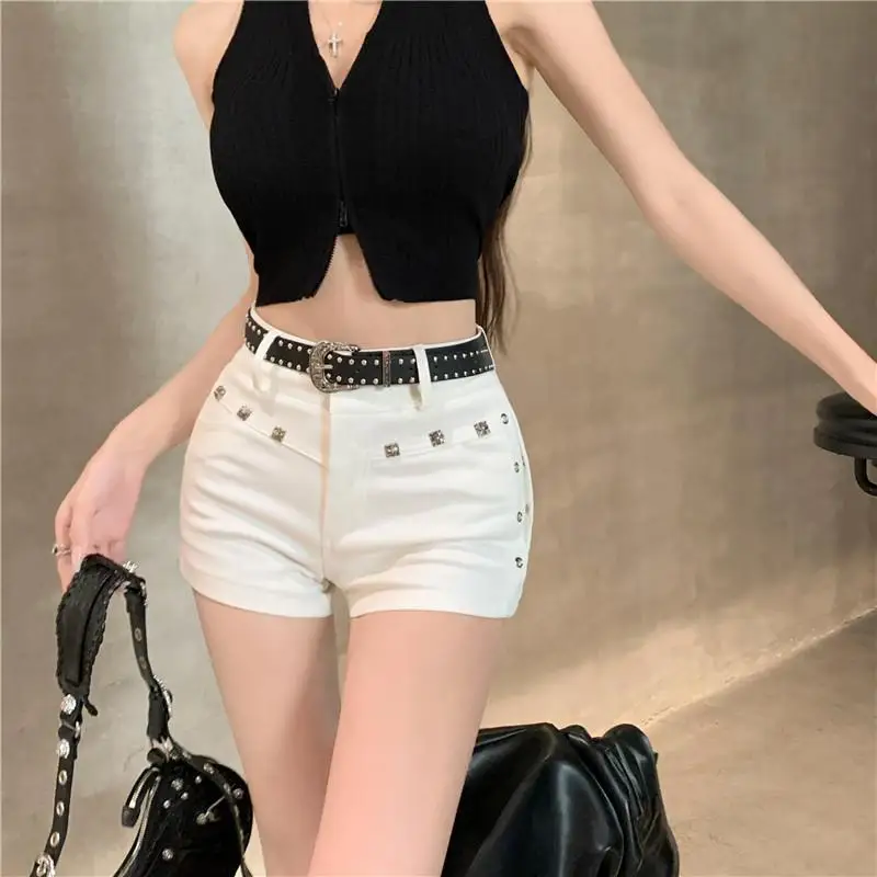 

Women's White Studded Denim Shorts 2025 Summer Petite Straight Leg Hot Pants, Y2K Summer Bad Girl Jeans Shorts for Women S-XXL