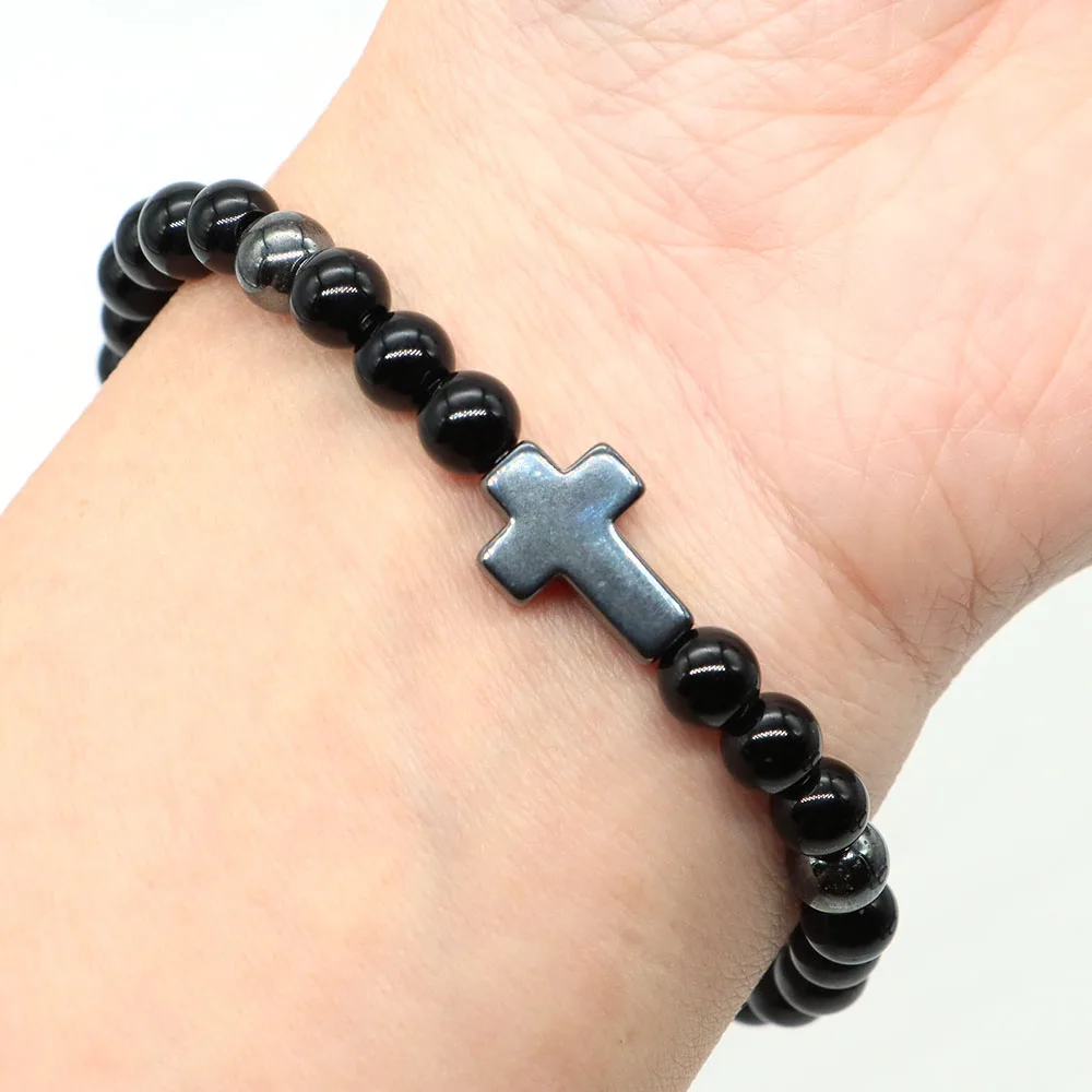 Natural Stone Bead Cross Bracelet for Men Women Tiger Eye Hematite Turquoise Black Lava Prayer Yoga Elastic Bangle Jewelry Gifts