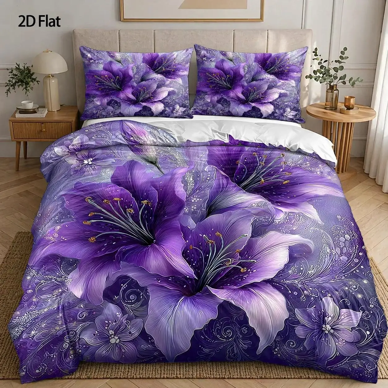 Ensemble de housse de couette 3 pièces, 1 housse de couette + 2 taies d'oreiller (sans rembourrage) 2D_Flat_Priting, thème fleur de lys violette, style romantique, Saint-Valentin, adapté à toutes les saisons, lavable en machine, fermeture éclair invisible, ensemble de housse de couette 3 pièces
