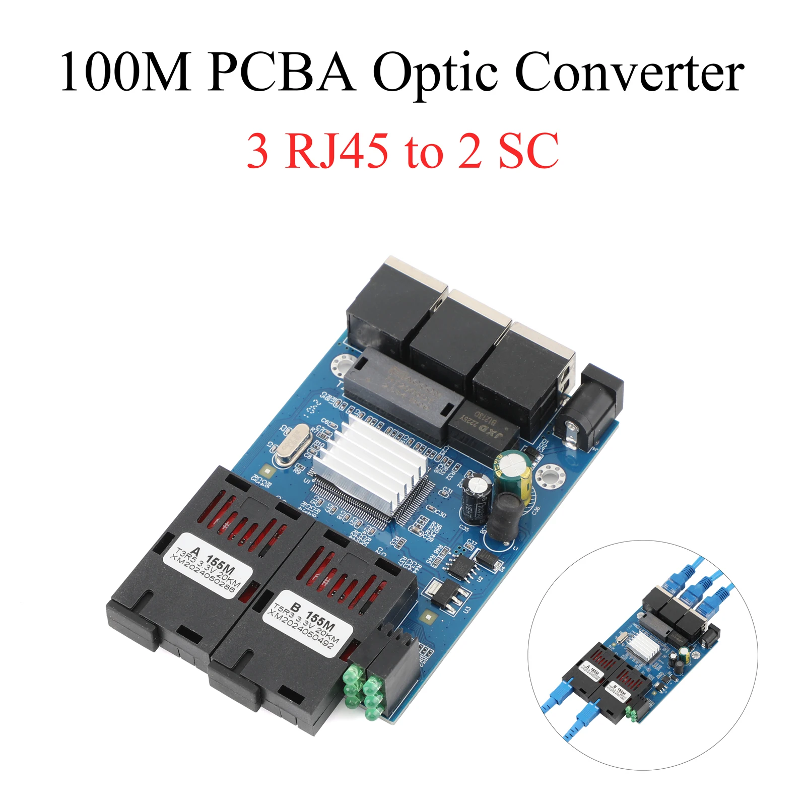 

10M/100M Fiber Optic Media Converter 2 SC to 3 RJ45 A+B Optic Connector 1310nm/1550nm Ports PCBA Board 20KM Ethernet Switch