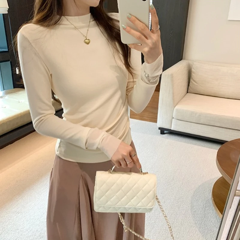 2025 nueva primavera otoño malla Patchwork camiseta de mujer prendas de punto de manga larga cuello redondo Casual camisas inferiores coreanas Tops ajustados Mujer