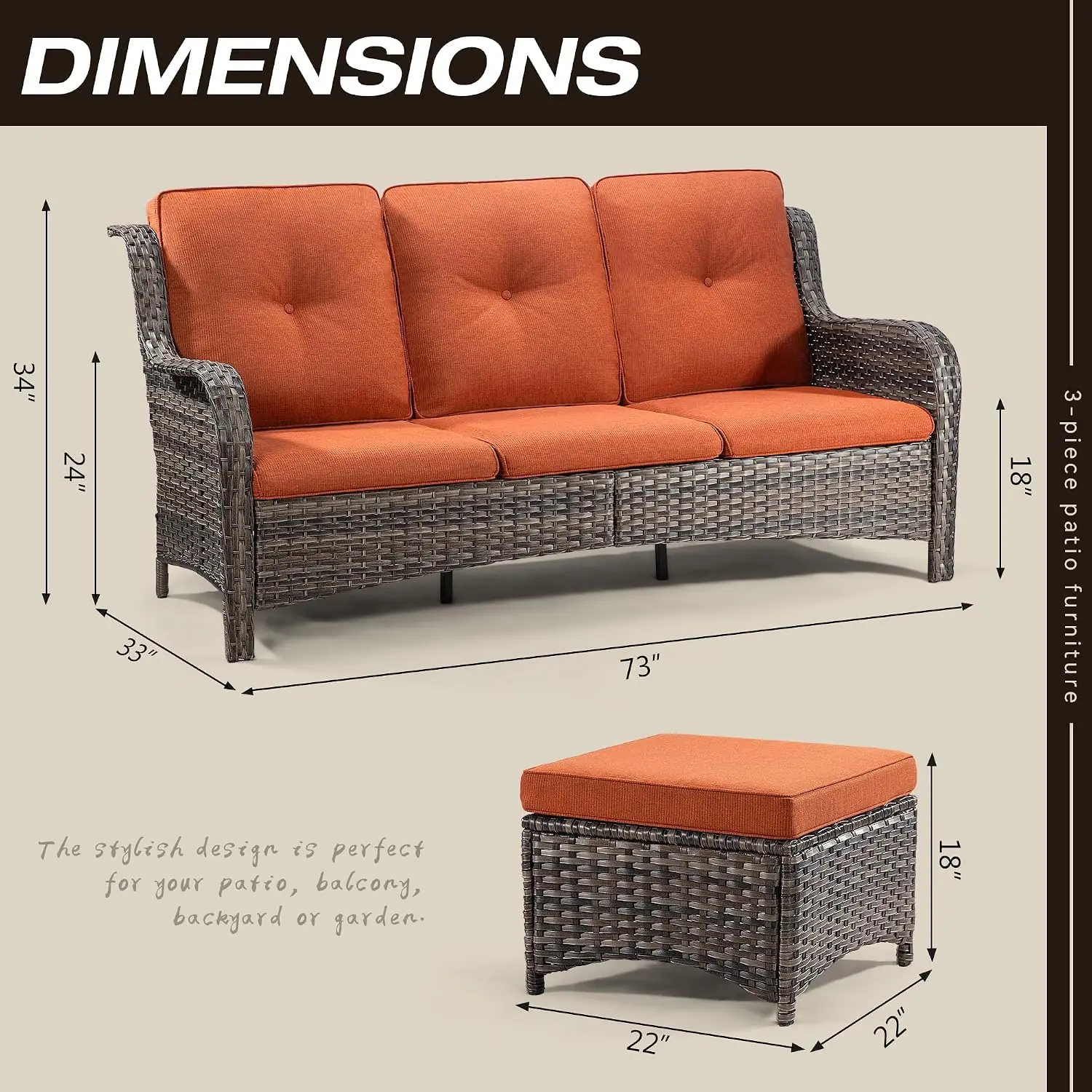3-Piece Wicker Patio Furniture Set with 3-Seat Sofa, 2 Ottomans, Olefin Cushions, Outdoor Sectional, Orange, Customized