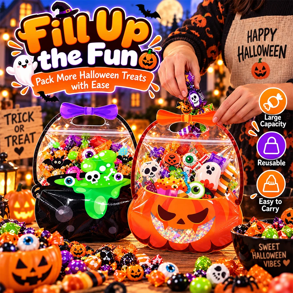 5/10/20 Stück Halloween-Süßigkeitentüten mit Griffen, wiederverschließbare Plastiktüten für „Trick or Treat“, große Geschenktüten für Süßigkeiten. – Detail 3