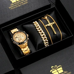 Luxury Men's Watch Necklace Gifts Set Automatic Mechanical Golden Watches Bracelet Set for Men Roman Numeral Wristwatch reloj