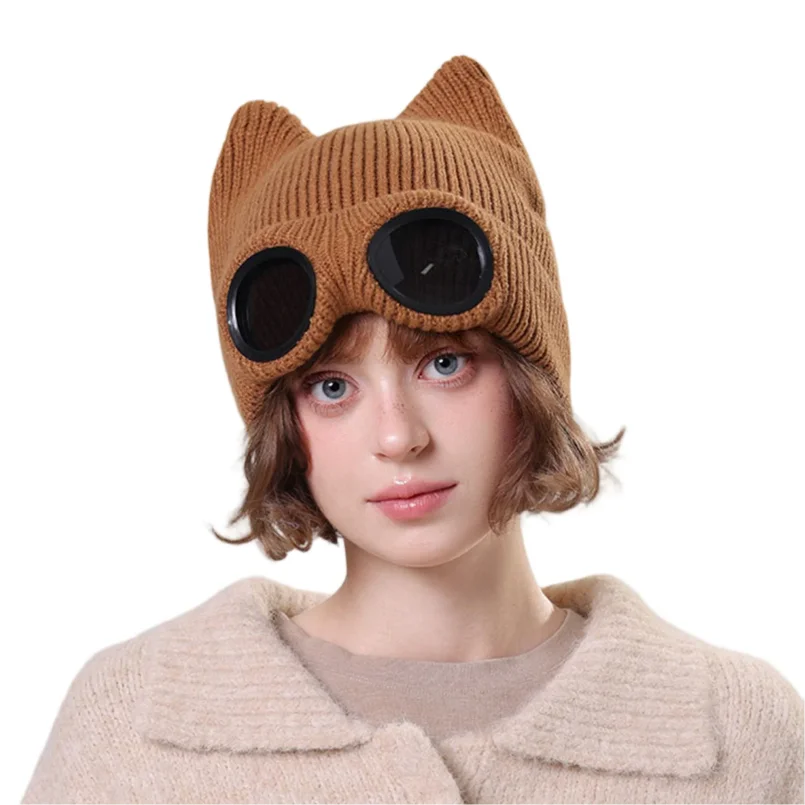 

Unisex Cat Ear Knitted Hat,Autumn and Winter Warm Ski Hat with Goggles,Solid Color Stylish Casual Hat,Warm Hat,Beanies