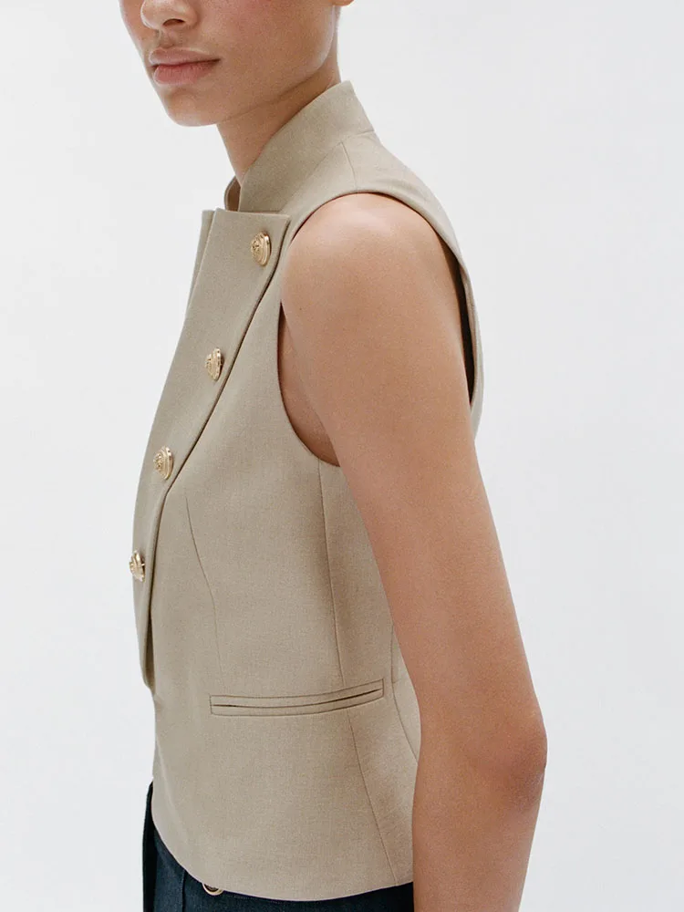 Summer New Women's Sleeveless Pure Color Flip-Cover Button Decorative Vest Top Regular Length No-Sleeve Chinese Style Shirt