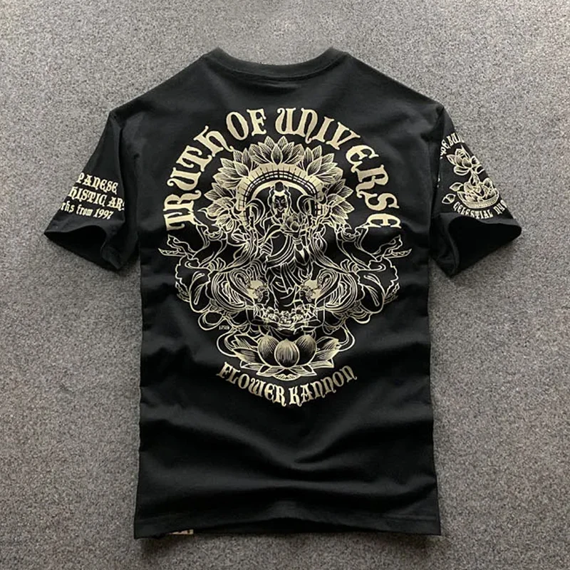 Lotus T-shirt Print Men Japanese ukiyo Goddess of Mercy Tattoo Retro logo Short Sleeve Casual Summer Hip Hop Tops Fashion Tees