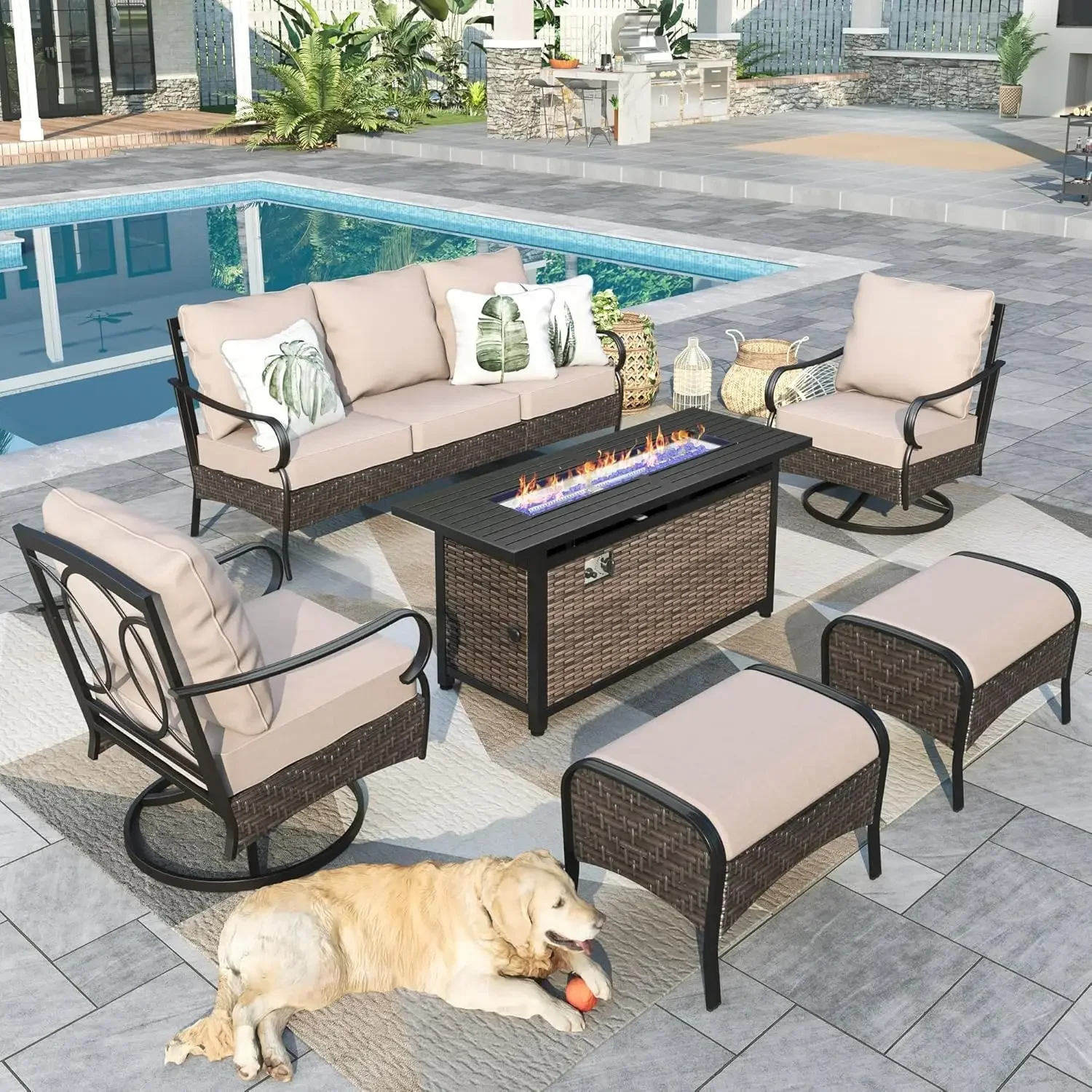 Oversized Patio Furniture Set with Fire Pit Table, 6 Piece Outdoor Heavy-duty Metal Conversation