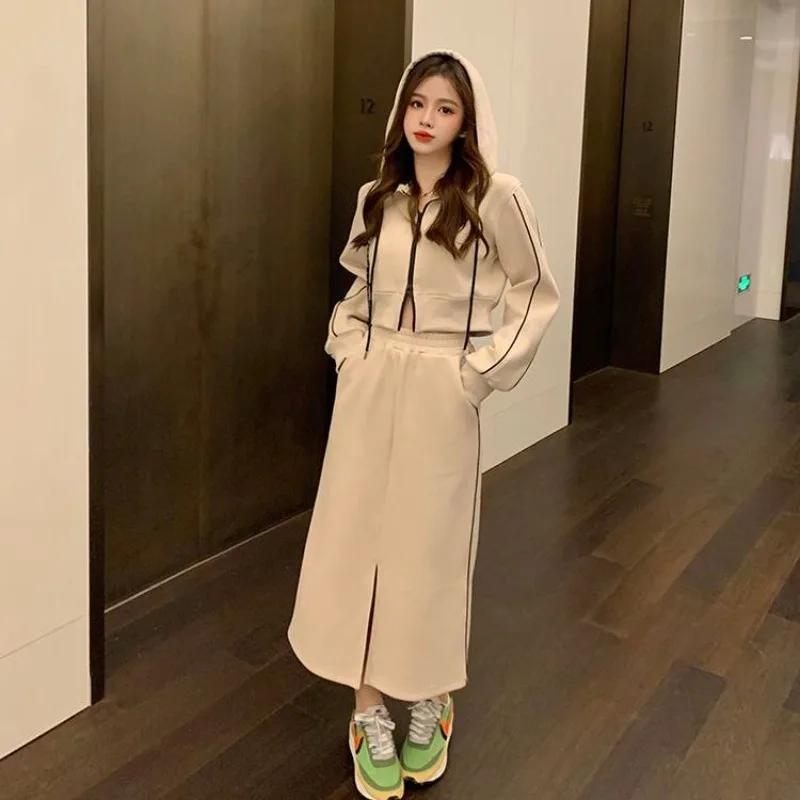 Midi Dress Sets Women Short Hoodies Zipper Empire Vintage Chic Female Long Sleeve Fall Winter Streetwear Ulzzang A-line Charming