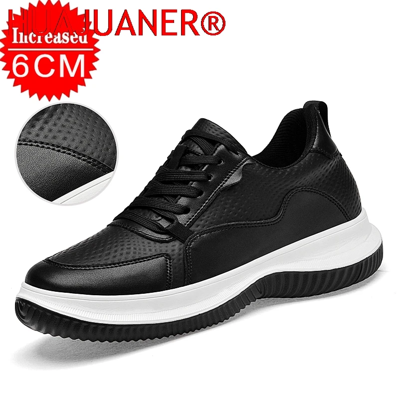 

Men Leather Sneakers With Thick Soles Invisible Inner Height Increasing Leather Shoes Outdoor Casual Sports Shoes white/black