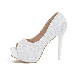 2024 Women 12.5cm High Heels 3.5cm Platform Peep Toe Pumps Lady Extreme Heels Crystal Bling Cinderella Drag Queen Shoes