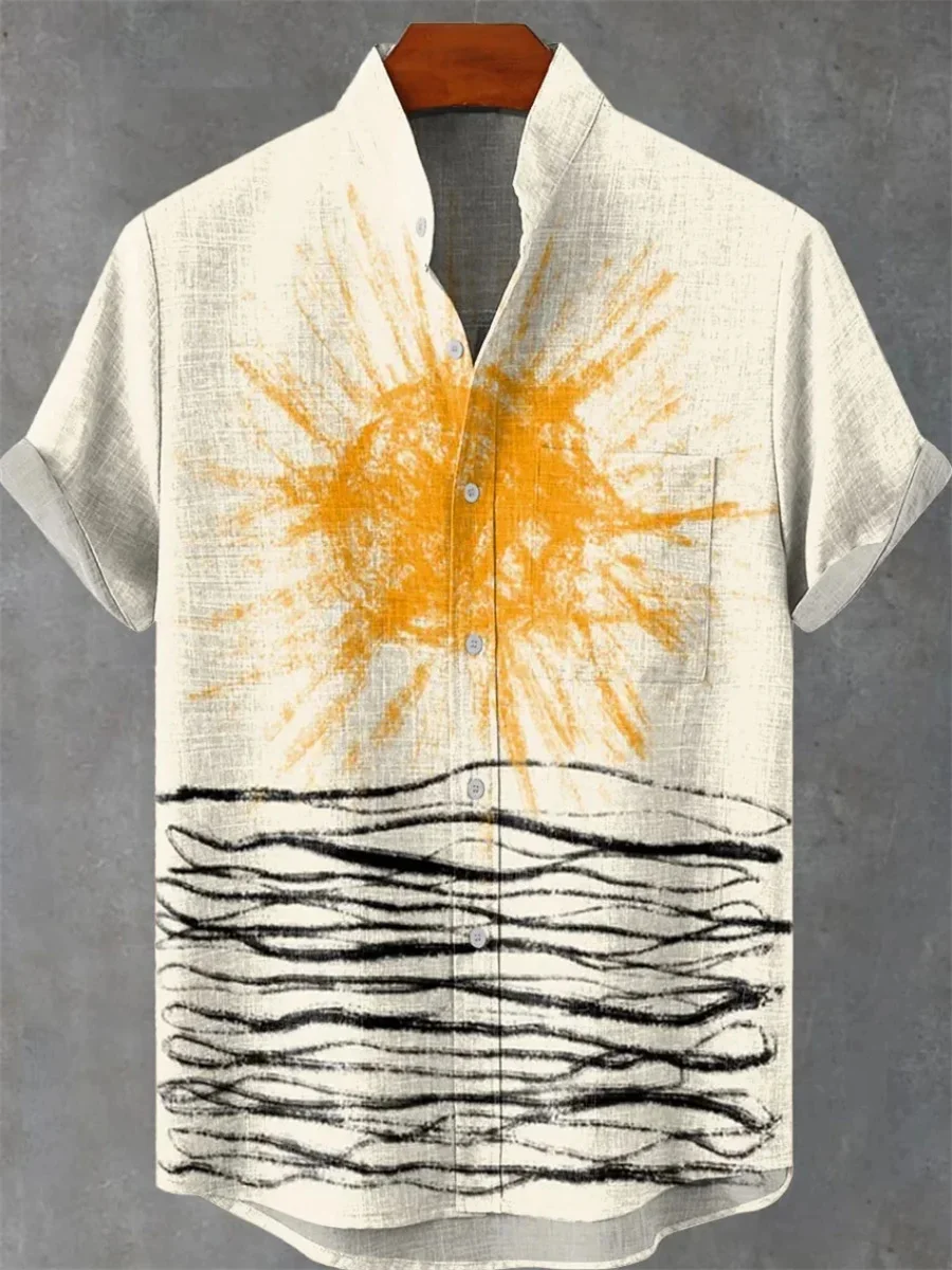 2025 New Ethnic Sunset 3D Printing Casual Fashion Linen Men's Stand Collar Short Sleeve Shirt Hawaiian Style Street Trend