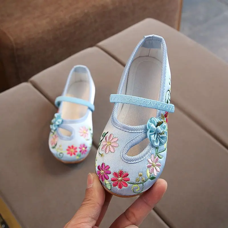 Chinese Style Girls Embroidered Shoes for Kids Flower Floral HanFu Shoes Children Soft Rubber Traditional Cloth Shoes