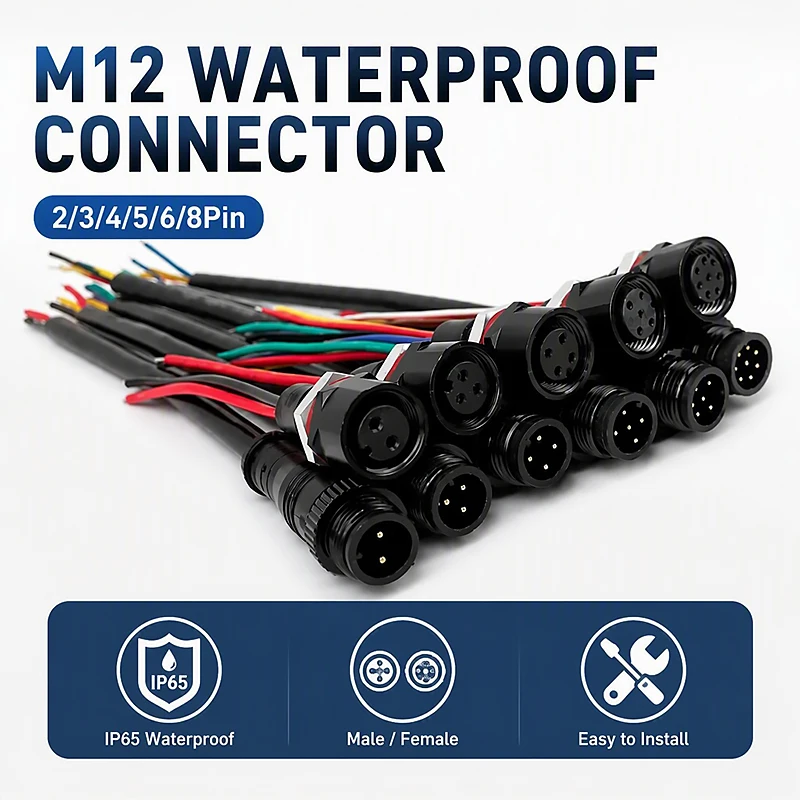 5PCS M12 IP65 Waterproof Panel Mount Plug Socket 2/3/4/5/6/8 Pin Male Female Metal Connector with Color Coded Pigtail Wire