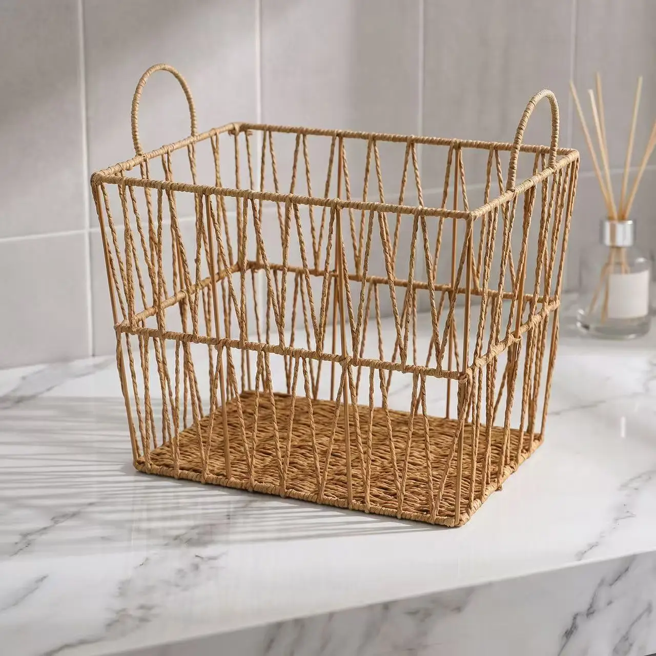 Factory direct-sale paper rope woven bathroom towels, clothes, toys, storage boxes with handles, fashionable hollowed-out storag