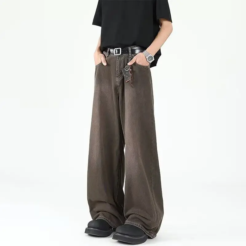 Men Vintage Washed Loose Wide Leg Denim Pants With Pendant Decoration